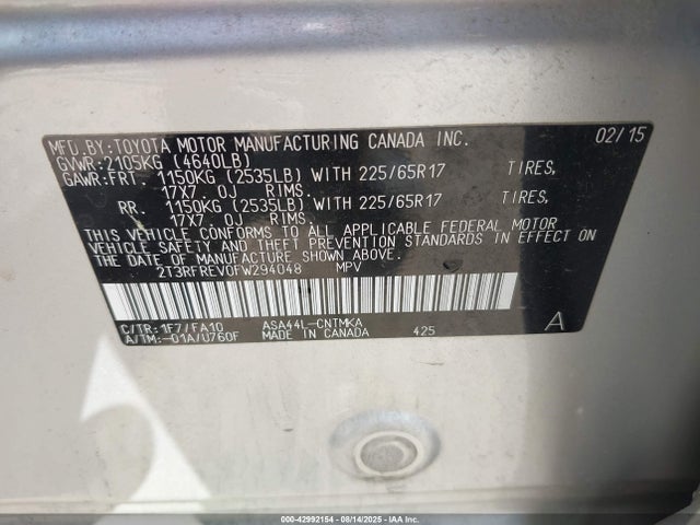 Toyota 2ar-fe 2015 2T3RFREV0FW294048 Image 9
