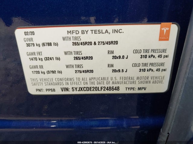 2020 TESLA MODEL X 5YJXCDE20LF248648 Photo 8