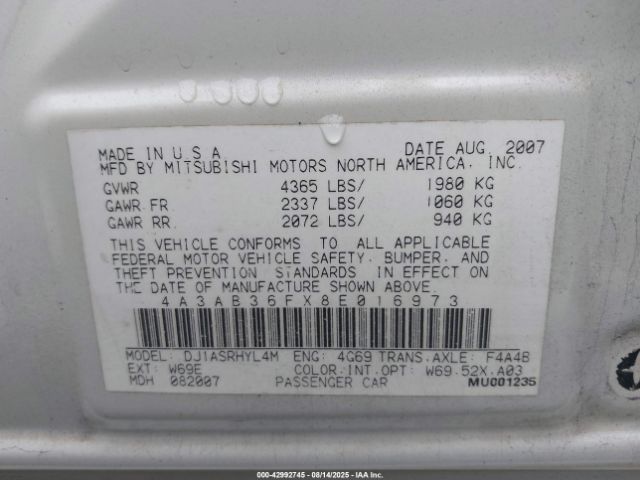 2008 MITSUBISHI GALANT 4A3AB36FX8E016973 Photo 8