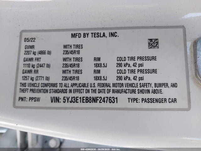42992830 :رقم المزاد ، 5YJ3E1EB8NF247631 vin ، 2022 Tesla Model 3 Long Range Dual Motor All-wheel Drive مزاد بيع