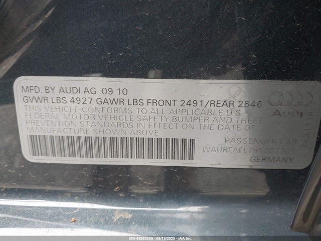 2011 AUDI A4 WAUBFAFL7BN022207 Photo 8