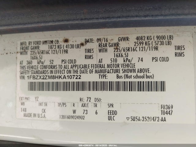 1FBZX2ZM8HKA10722 Ford Transit