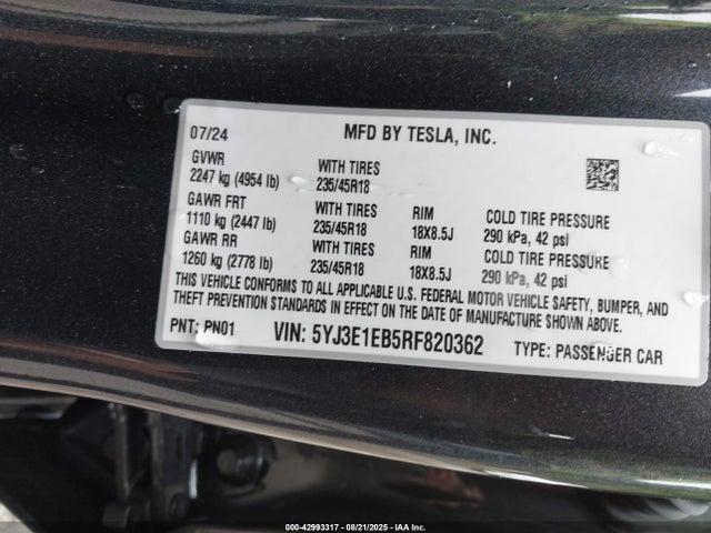 5YJ3E1EB5RF820362 Tesla 2024