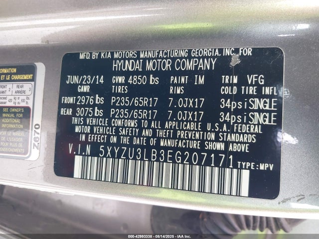 5XYZU3LB3EG207171 Hyundai gdi theta