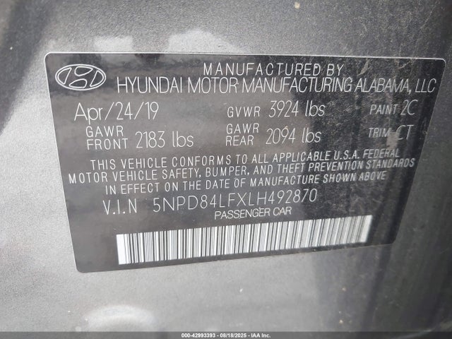 5NPD84LFXLH492870 Hyundai mpi nu