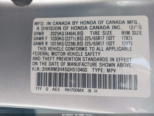 2HKRM3H45GH510460 Honda k24w9