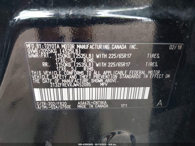 2T3ZFREVXJW452095 Toyota 2ar-fe