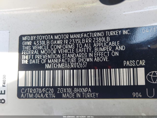 NMTKHMBX6JR012637 Toyota 3zr-fae