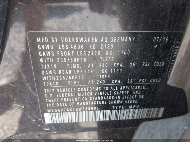 WVGAV7AX7GW518605 Volkswagen 2.0t
