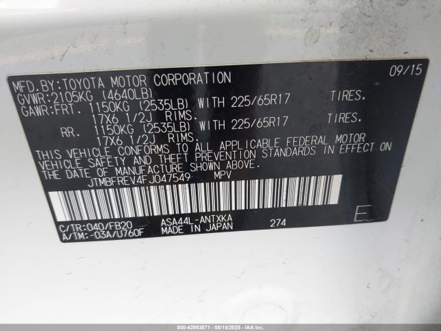 Toyota 2ar-fe 2015 JTMBFREV4FJ047549 Image 9