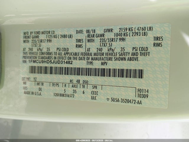 1FMCU9HD5JUD31482 Ford 1.5l gtdi sigma w/premium fuel