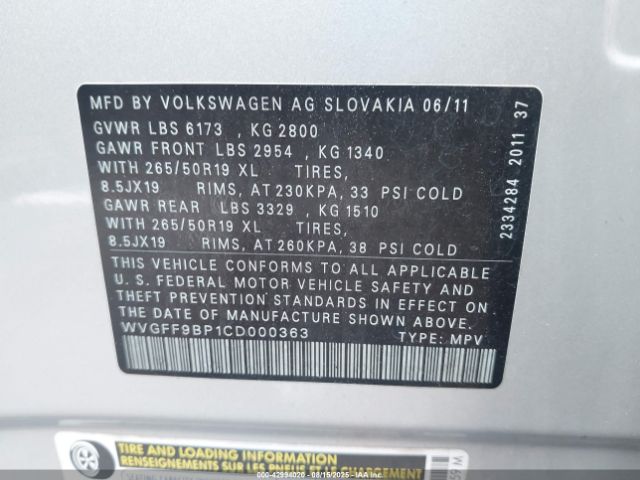 2012 VOLKSWAGEN TOUAREG WVGFF9BP1CD000363 Photo 8