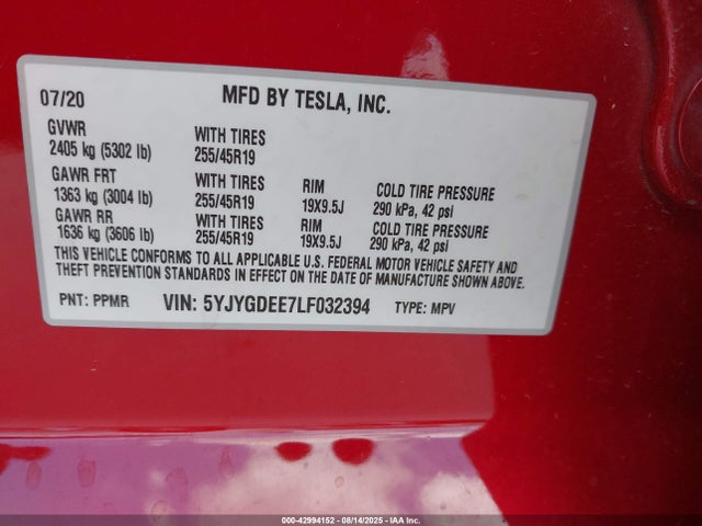 2020 TESLA MODEL Y 5YJYGDEE7LF032394 Photo 8
