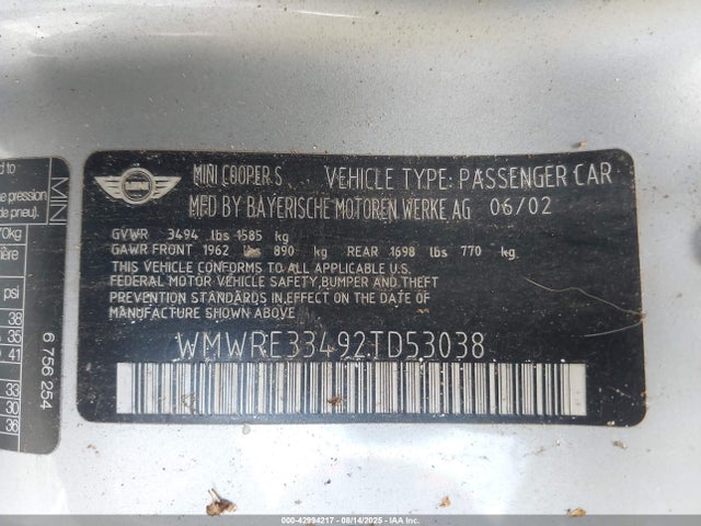 2002 MINI COOPER S WMWRE33492TD53038 Photo 8