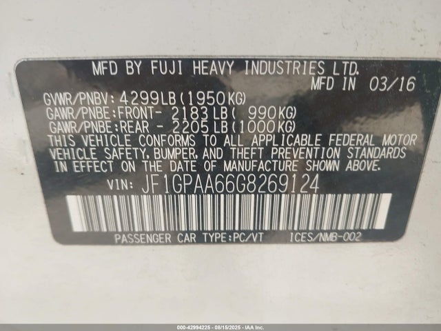 Subaru 2.0l na 2016 JF1GPAA66G8269124 Image 9