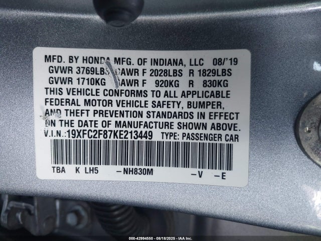 Honda k20c2 2019 19XFC2F87KE213449 Image 9