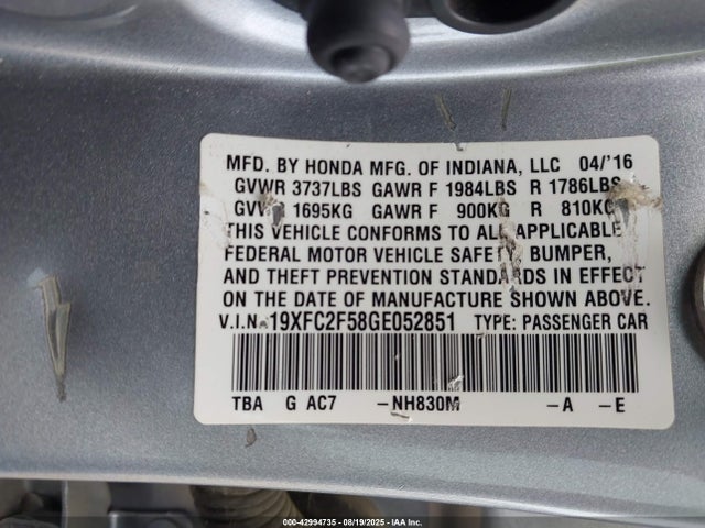 19XFC2F58GE052851 Honda k20c2