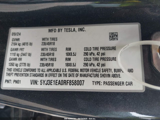 2024 TESLA MODEL 3 5YJ3E1EA0RF858007 Photo 8