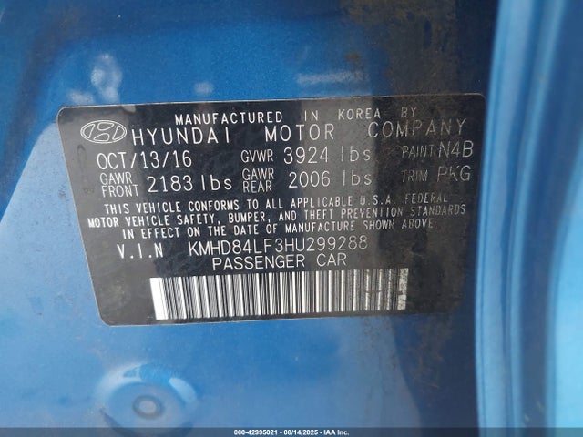 KMHD84LF3HU299288 Hyundai 2017