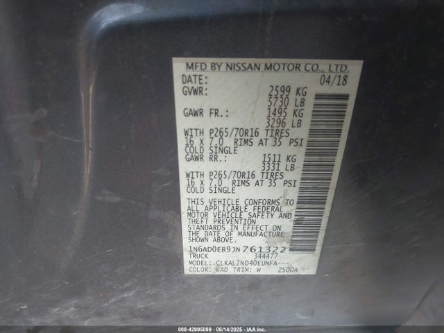 1N6AD0ER9JN761322 Nissan 2018