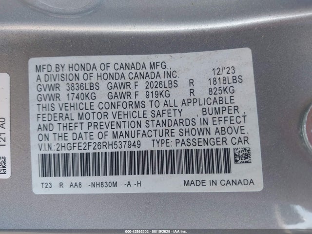 Honda k20c2 2024 2HGFE2F26RH537949 Image 9