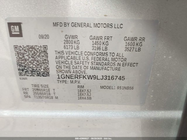 1GNERFKW9LJ316745 Chevrolet lfy - spark ignited direct injection, atss, gen 1