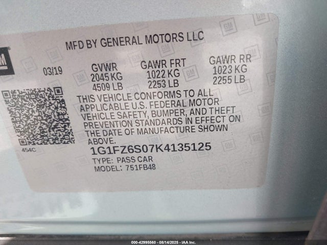 1G1FZ6S07K4135125 Chevrolet 2019