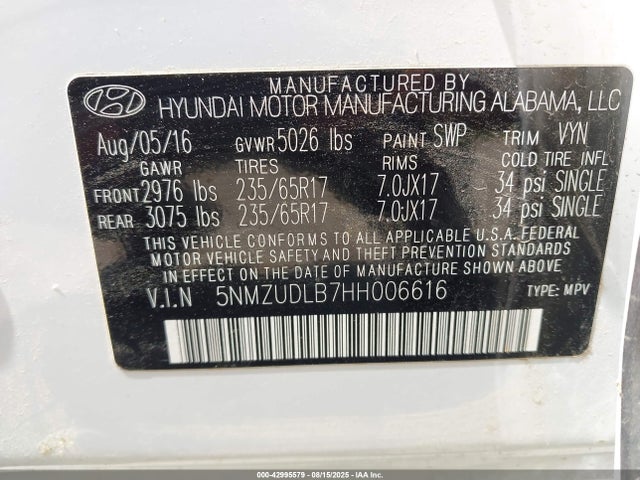 5NMZUDLB7HH006616 Hyundai gdi theta ii