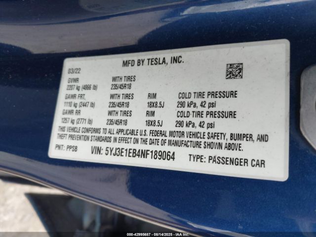 2022 TESLA MODEL 3 5YJ3E1EB4NF189064 Photo 8