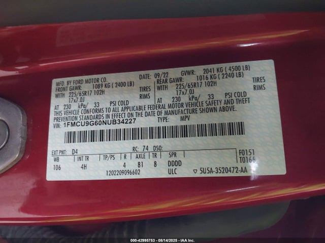 1FMCU9G60NUB34227 Ford dragon di tc