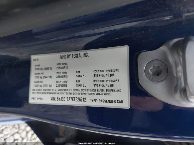 2019 TESLA MODEL 3 5YJ3E1EA7KF326212 Photo 8