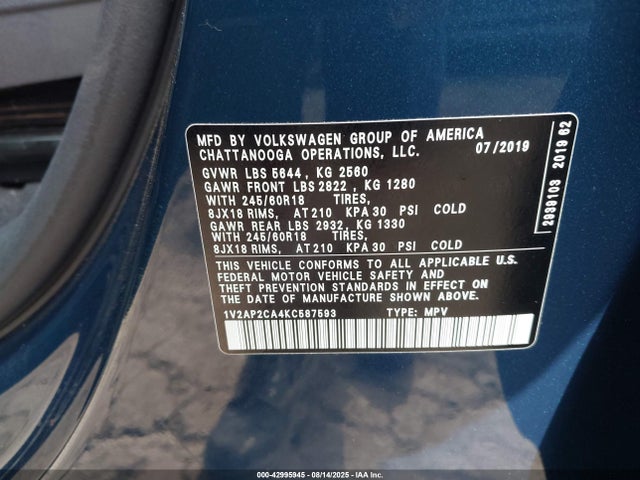 1V2AP2CA4KC587593 Volkswagen tsi