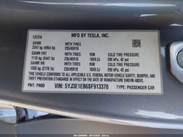 2025 TESLA MODEL 3 5YJ3E1EB6SF913378 Photo 8