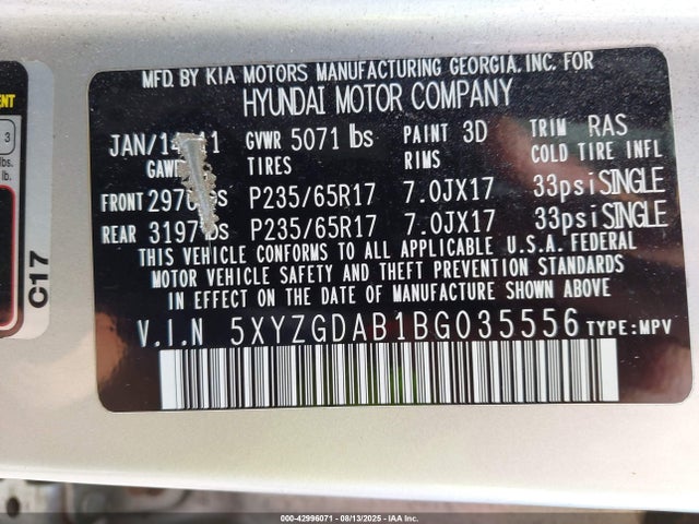 Aukcja sprzedaży 2011 Hyundai Santa Fe Gls, vin: 5XYZGDAB1BG035556, numer aukcji: 42996071