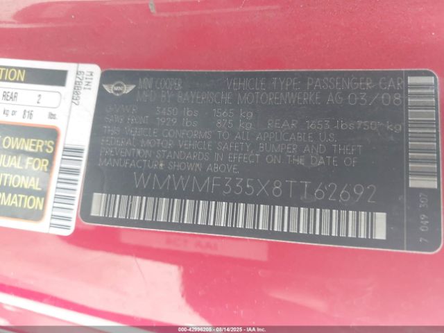 2008 MINI COOPER WMWMF335X8TT62692 Photo 8