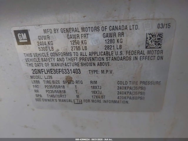 Chevrolet lfx - sidi, vvt, e85 max, alum 2015 2GNFLHE36F6331403 Image 9