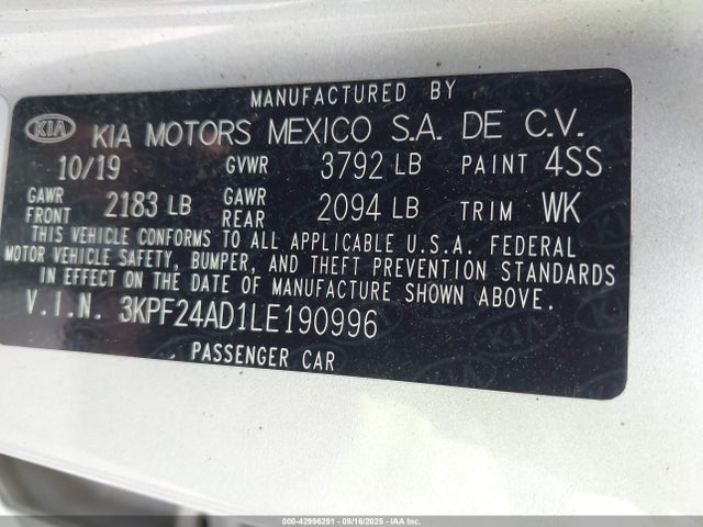 3KPF24AD1LE190996 KIA mpi nu