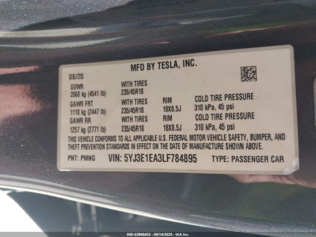 2020 TESLA MODEL 3 5YJ3E1EA3LF784895 Photo 8