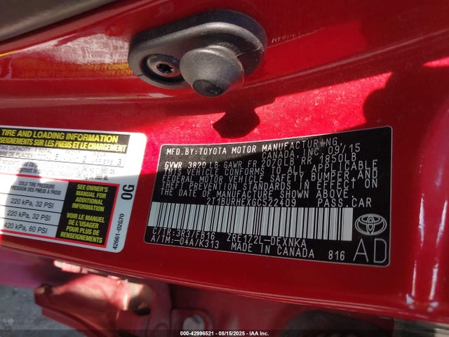 Toyota 2zr-fe 2016 2T1BURHEXGC522409 Image 9