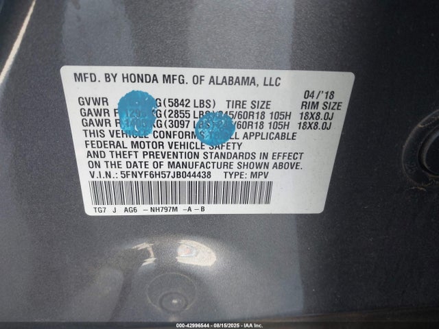 Honda j35y6 2018 5FNYF6H57JB044438 Image 9