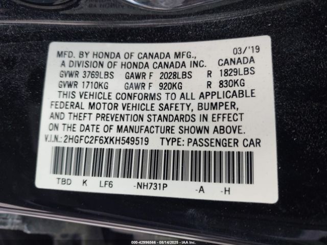 2019 HONDA CIVIC 2HGFC2F6XKH549519 Photo 8