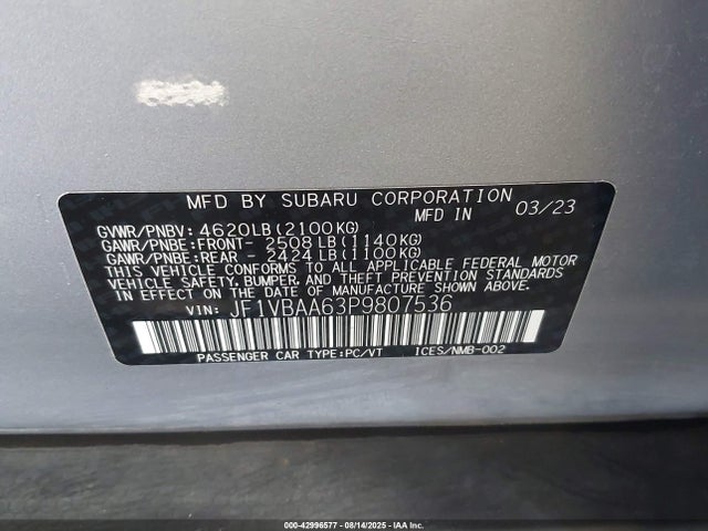 JF1VBAA63P9807536 Subaru dib