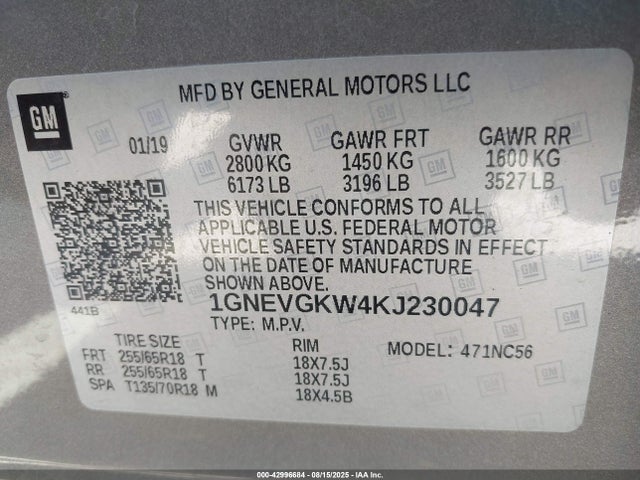 1GNEVGKW4KJ230047 Chevrolet lfy - spark ignited direct injection, atss, gen 1