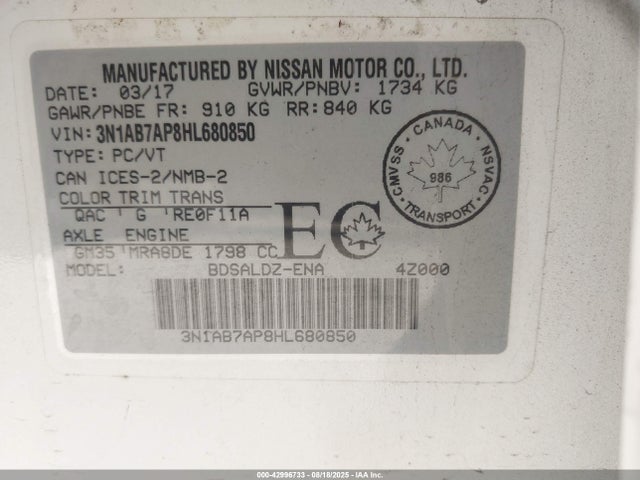 3N1AB7AP8HL680850 Nissan Sentra