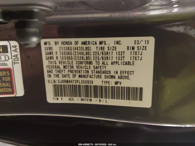 Honda k24w9 2015 5J6RM4H73FL055936 Image 9