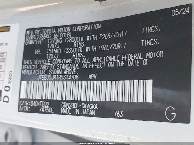 JTEEU5JR1R5314708 Toyota 1gr-fe