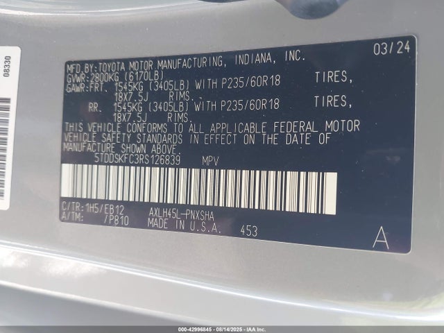 5TDDSKFC3RS126839 Toyota a25a-fxs