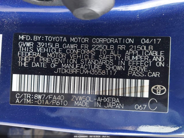 JTDKBRFU9H3558117 Toyota 2zr-fxe,1nm