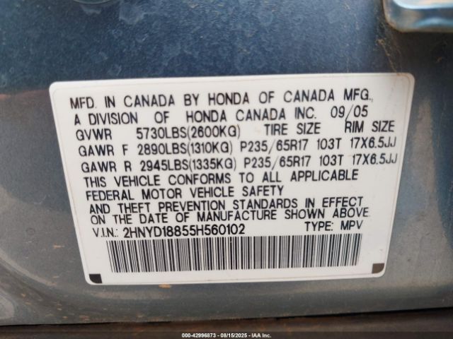 2005 ACURA MDX 2HNYD18855H560102 Photo 8