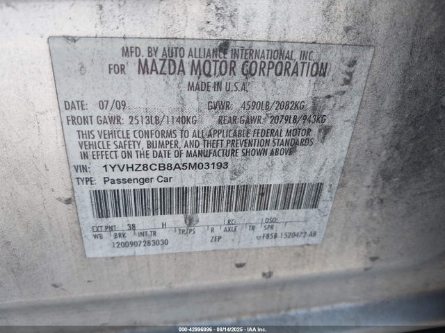 Aukcja sprzedaży 2010 Mazda Mazda6 S Touring Plus, vin: 1YVHZ8CB8A5M03193, numer aukcji: 42996896